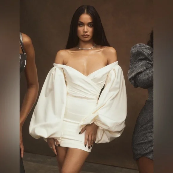 House of CB “Carlyn” Ivory satin balloon sleeve mini Dress